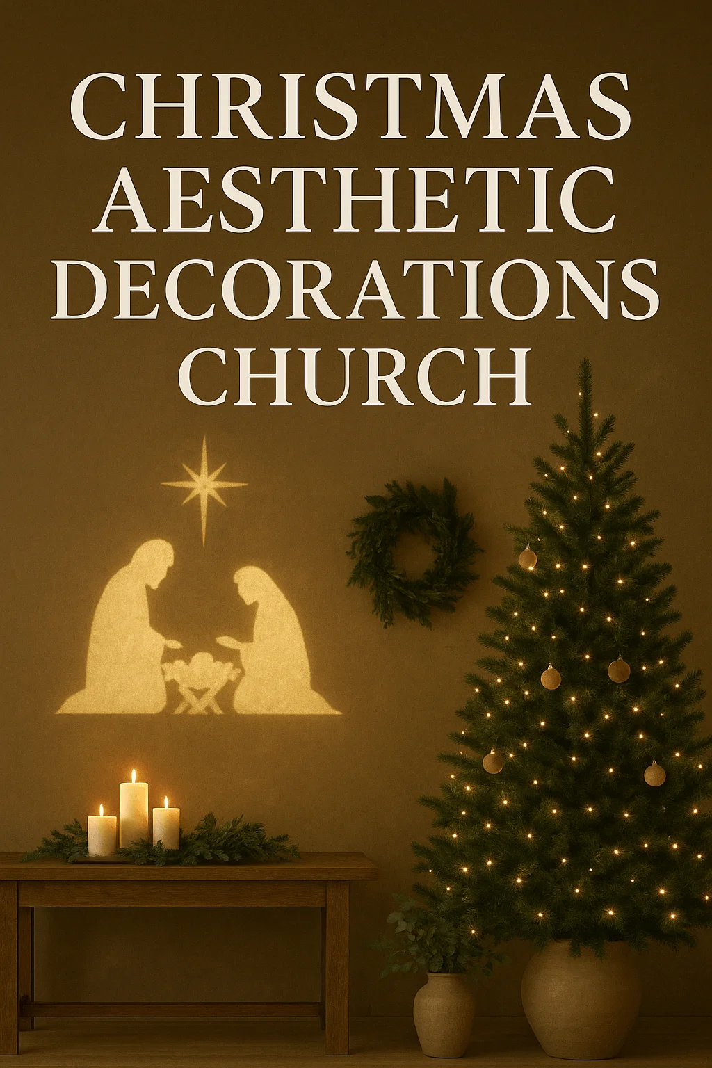 Christmas church decor with nativity wall projection Christmas tree warm lights candles and wreath in a cozy worship setting