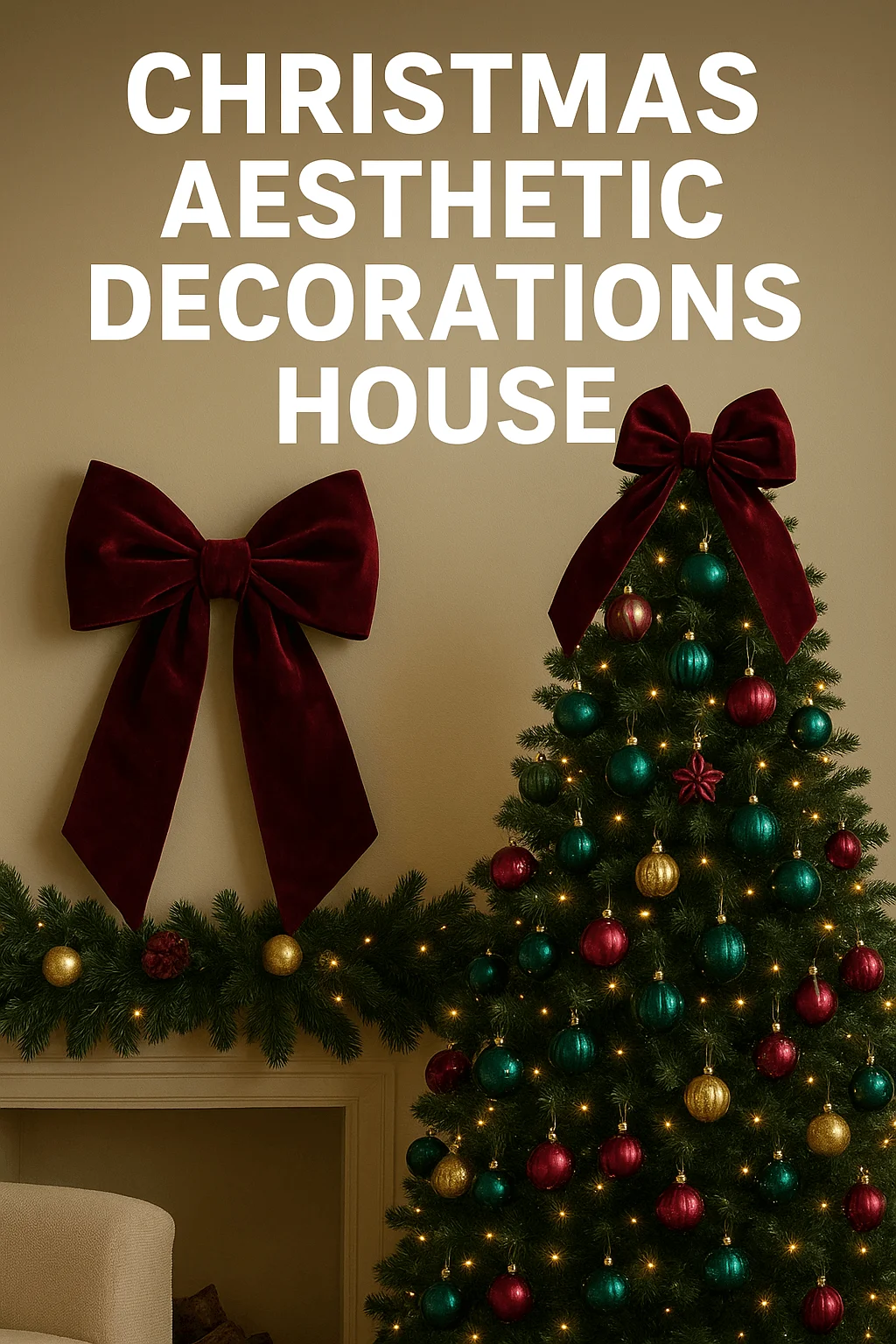 Christmas themed living room with a decorated Christmas tree adorned with green red and gold ornaments warm string lights and large burgundy velvet bows on the wall and tree top