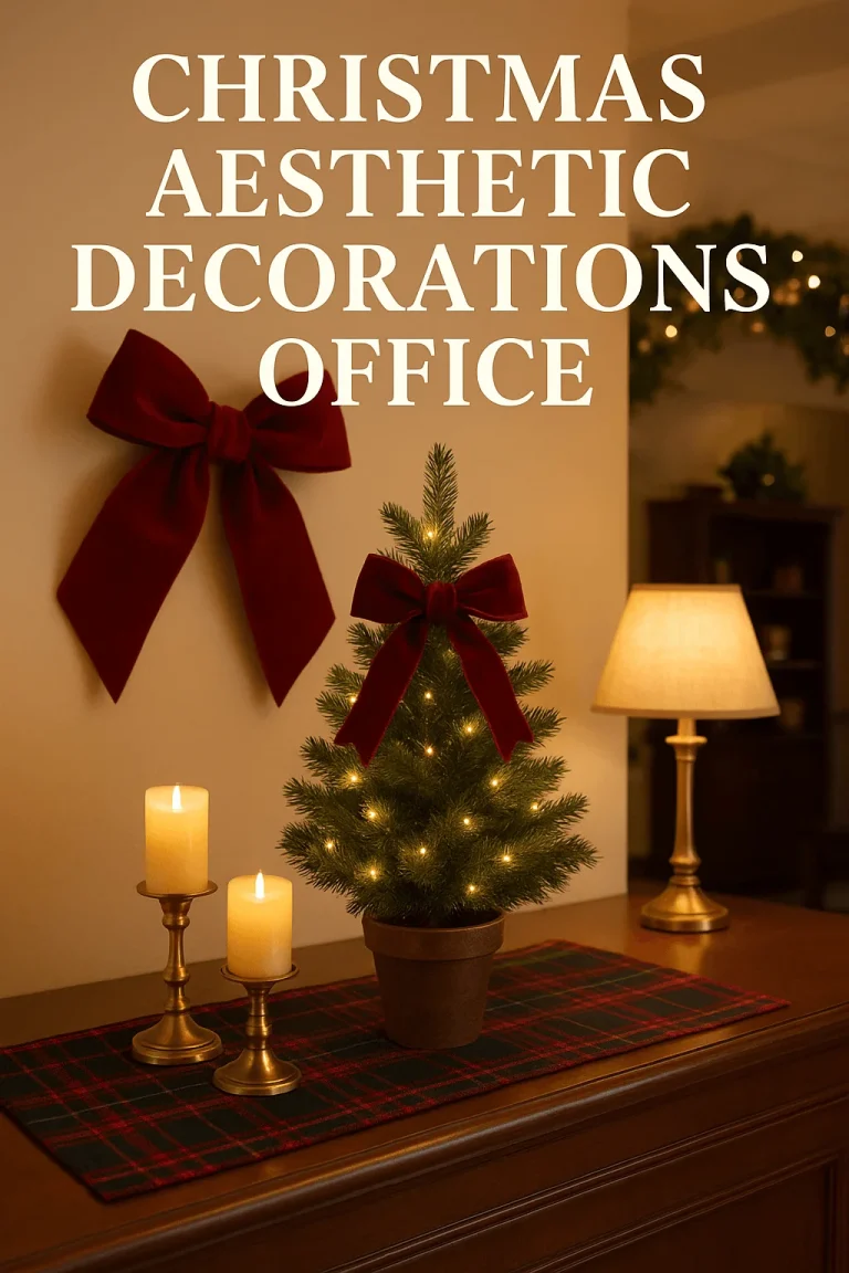 Christmas aesthetic office decor showing a small lit Christmas tree with red velvet bows candles on brass holders and a warm table lamp on a wooden desk