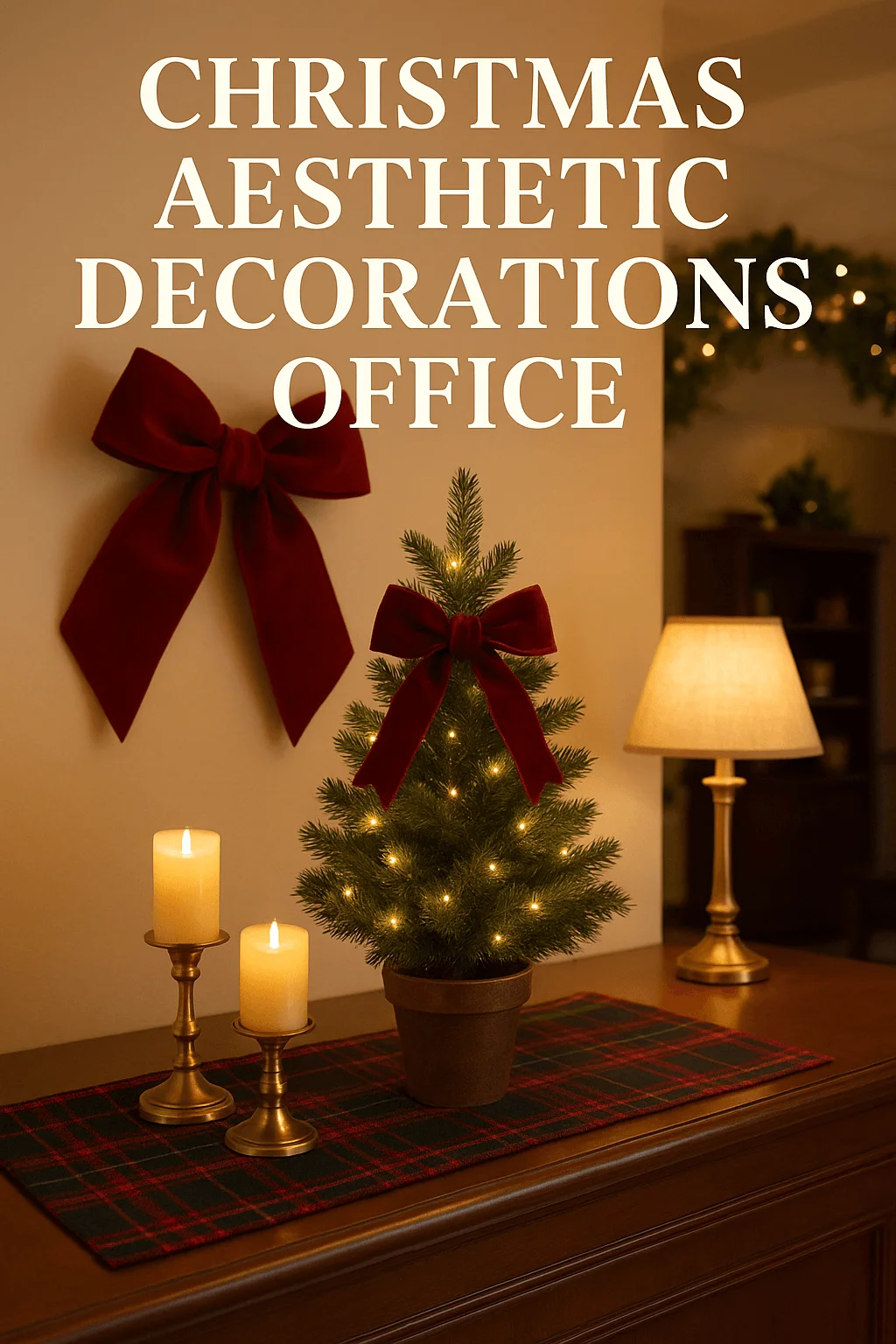 Christmas aesthetic office decor showing a small lit Christmas tree with red velvet bows candles on brass holders and a warm table lamp on a wooden desk