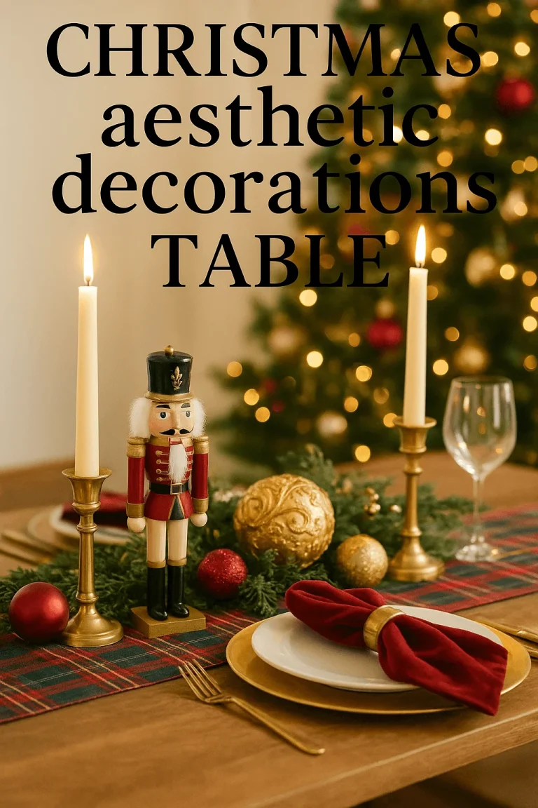 Elegant Christmas table decoration with nutcracker centerpiece candles gold ornaments plaid runner and red napkin on festive holiday dining setup