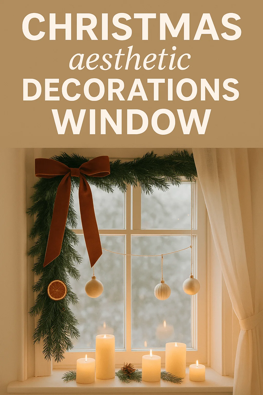 Christmas aesthetic window decorations with evergreen garland velvet bow hanging ornaments dried orange slices and glowing candles on a cozy windowsill
