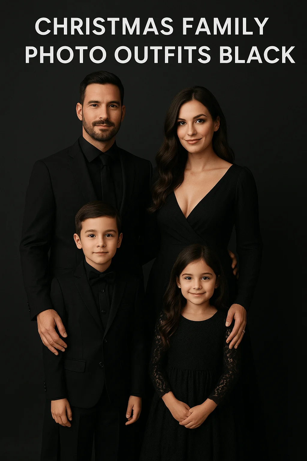 Christmas family portrait with parents and two children dressed in coordinated black outfits against a dark background for a holiday photoshoot.