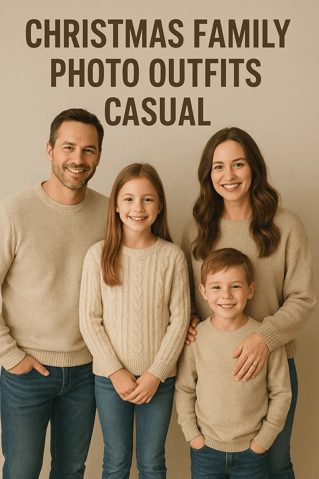 Christmas family photo wearing casual matching neutral sweaters and jeans smiling together