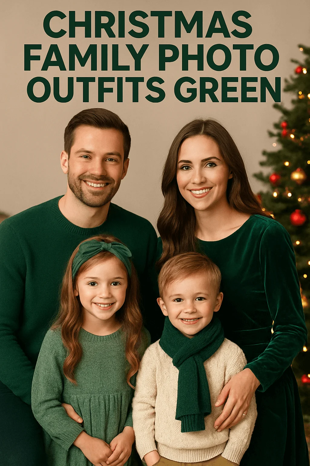 Christmas family photo wearing coordinated green outfits in front of a decorated Christmas tree