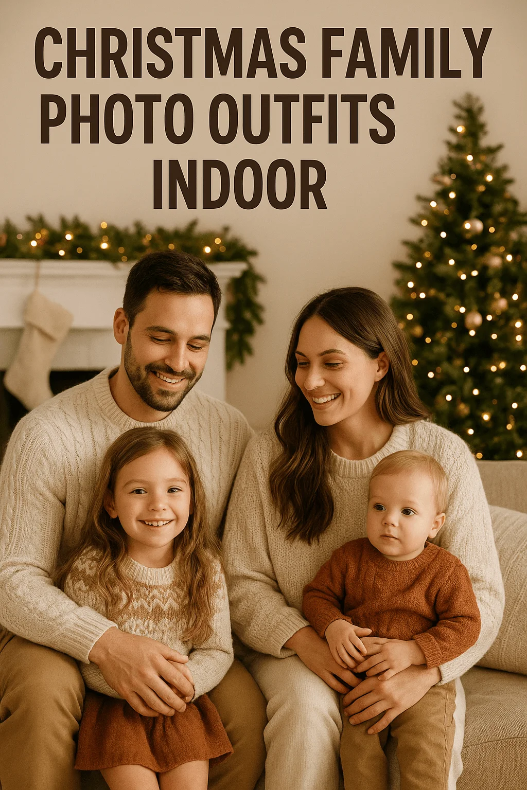 Christmas family sitting indoors near a decorated Christmas tree wearing cozy neutral sweaters and smiling together on a sofa