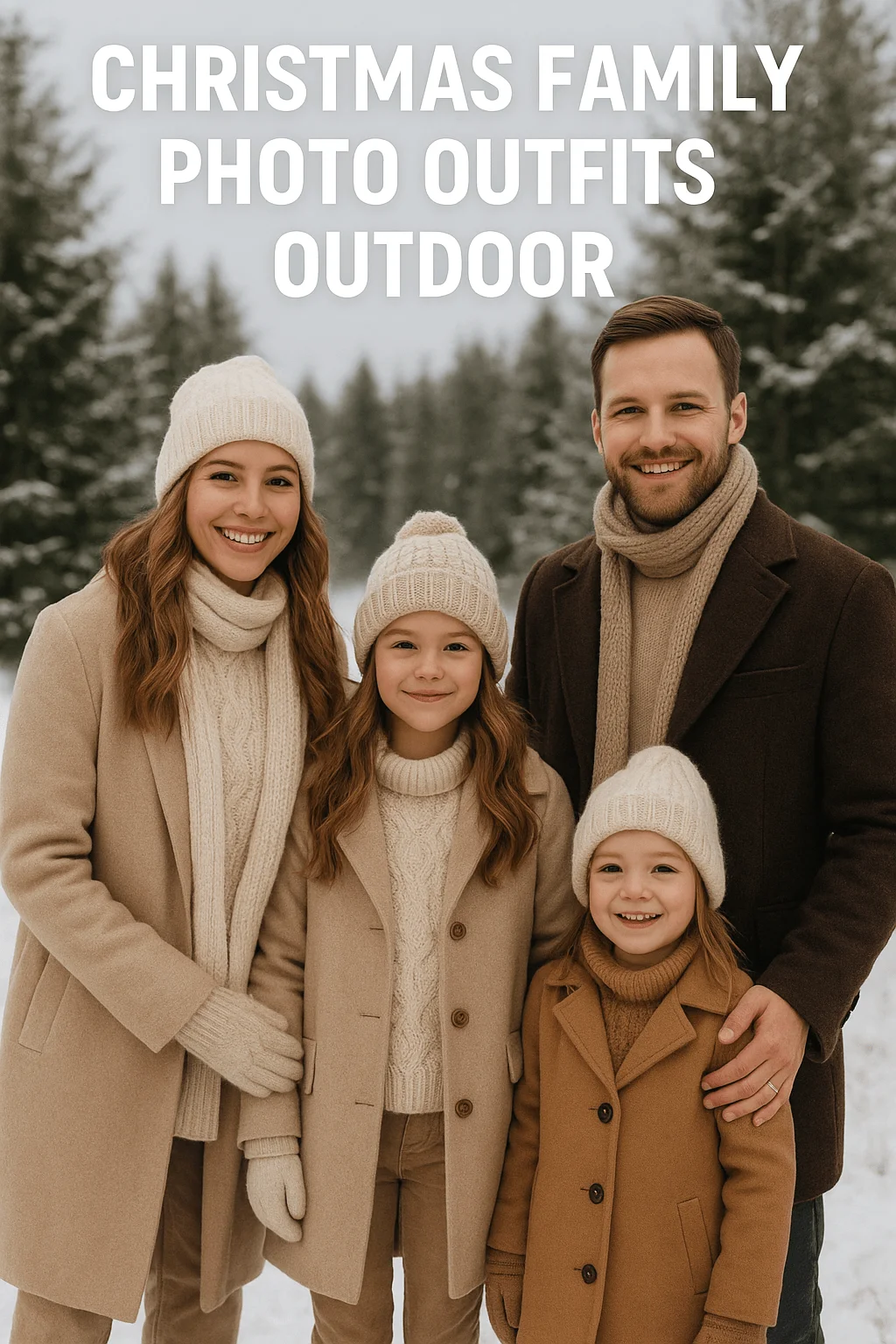 Christmas family wearing neutral winter outfits posing outdoors in the snow for holiday photos
