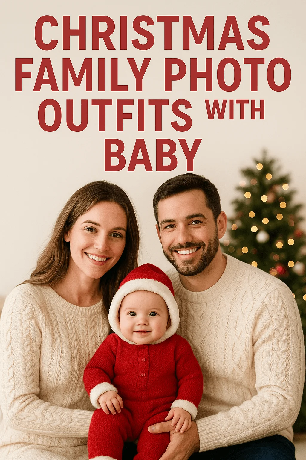 Christmas family photo with parents in cream knit sweaters holding a baby dressed in a red Santa outfit in front of a blurred Christmas tree