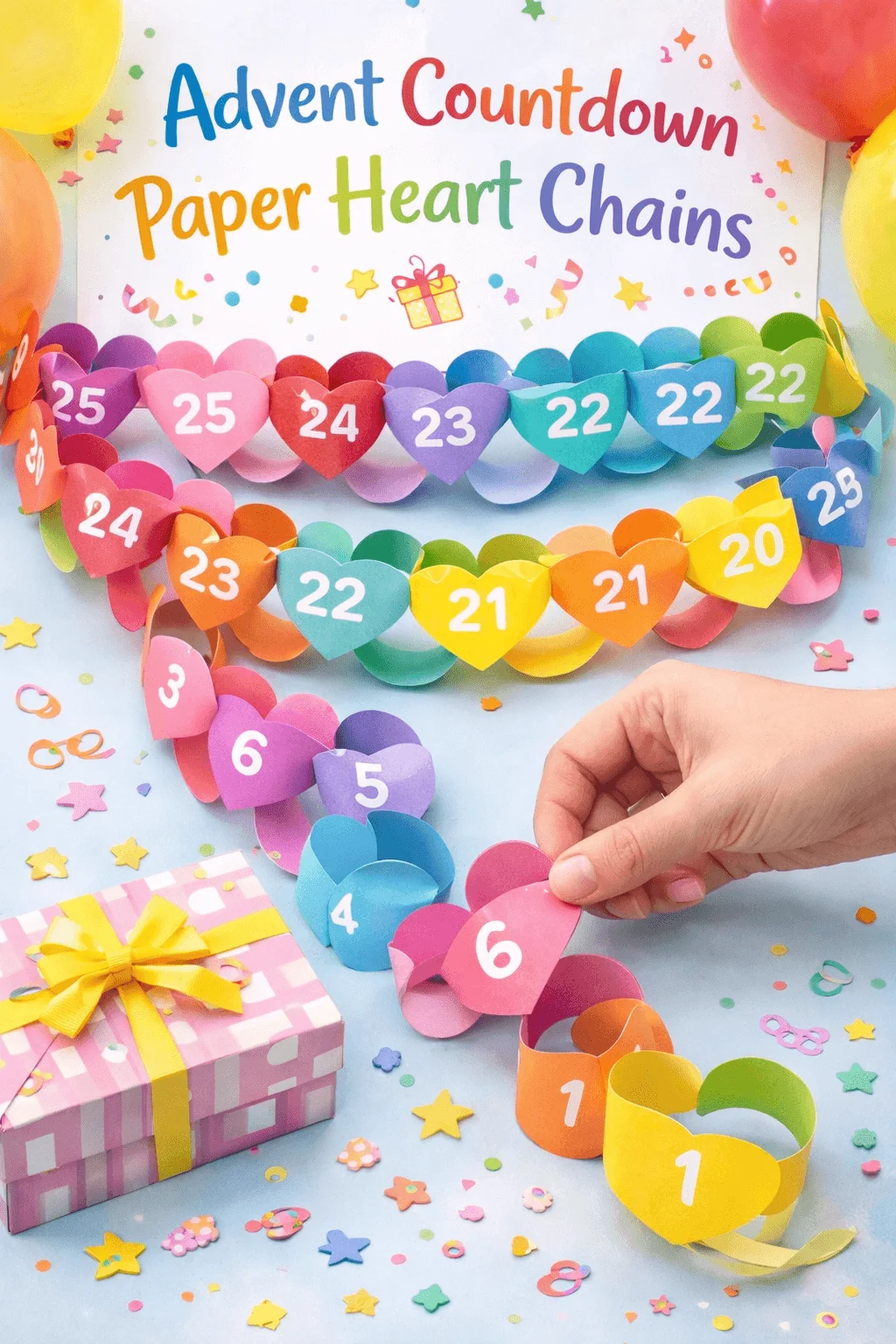 Advent countdown paper heart chains with colorful numbered hearts and festive craft decorations on a table