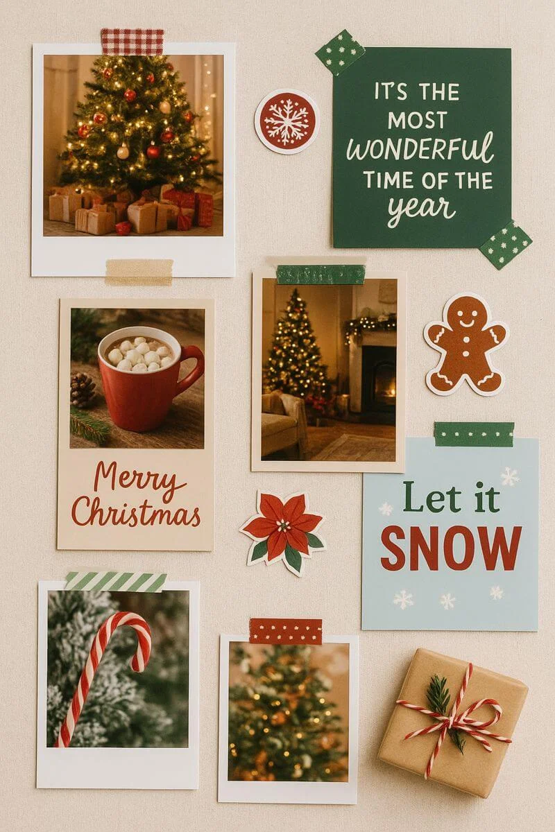 aesthetic christmas vision board with photos of decorated trees hot cocoa candy cane gift box and festive quotes like its the most wonderful time of the year merry christmas and let it snow