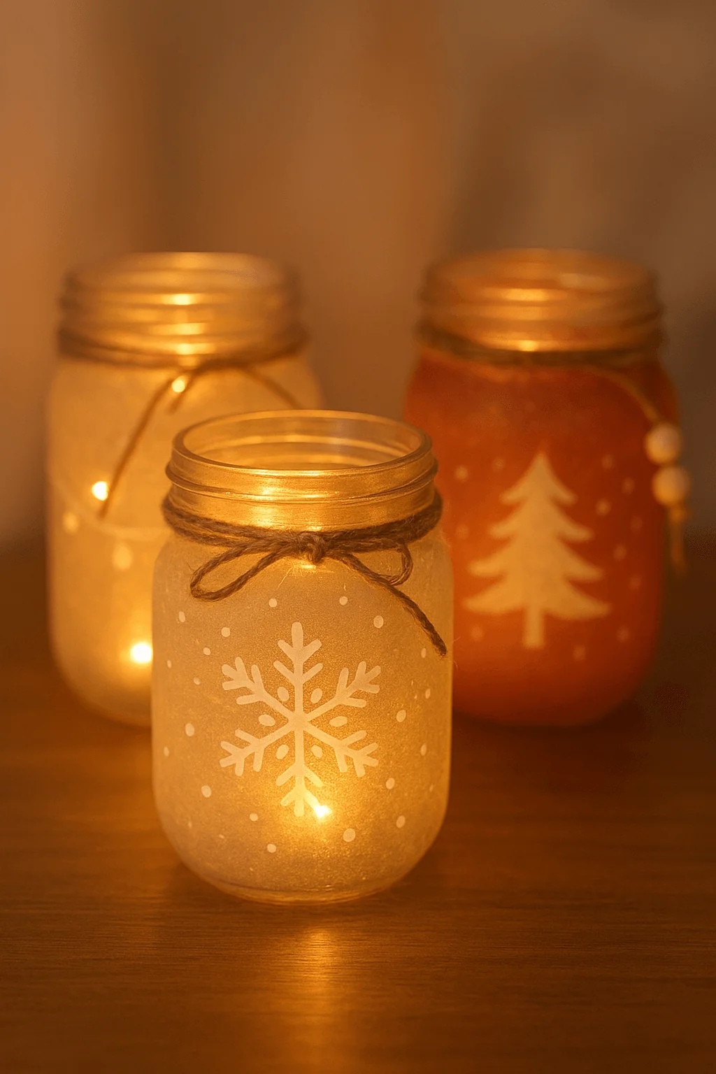 aesthetic christmas mason jar lanterns with glowing lights frosted finish white snowflake and tree designs and twine bows