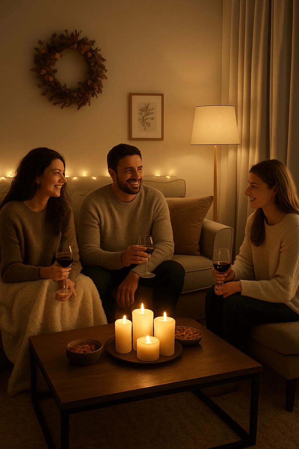 Three friends sit together in a warmly lit living room, holding glasses of wine and talking around a coffee table decorated with glowing pillar candles. Soft fairy lights, a wreath on the wall, and neutral cozy decor create a calm, intimate atmosphere.