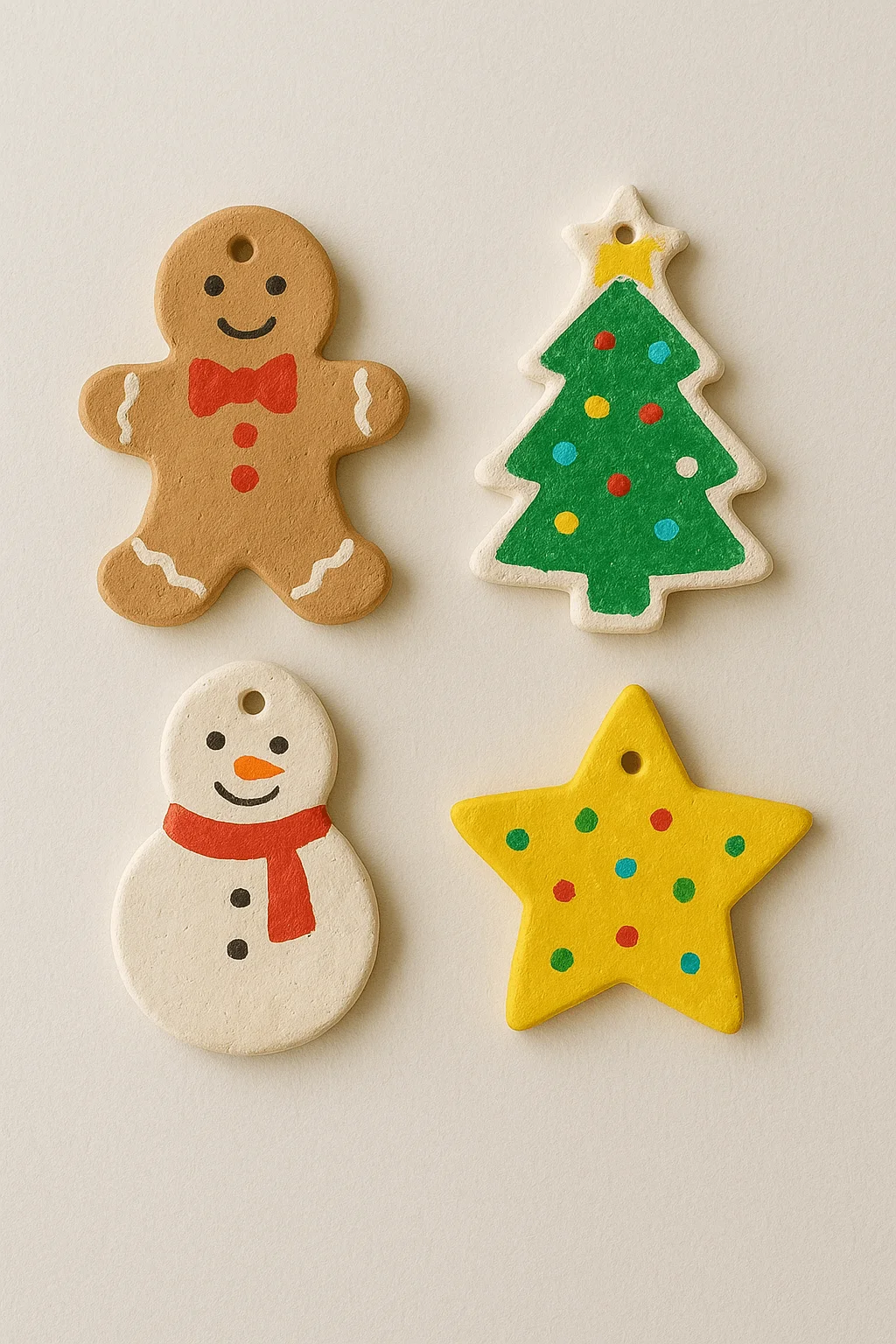 Four painted air-dry clay ornaments, a gingerbread person, a Christmas tree, a snowman, and a yellow star, are arranged on a plain light background, each with a small hole for hanging.