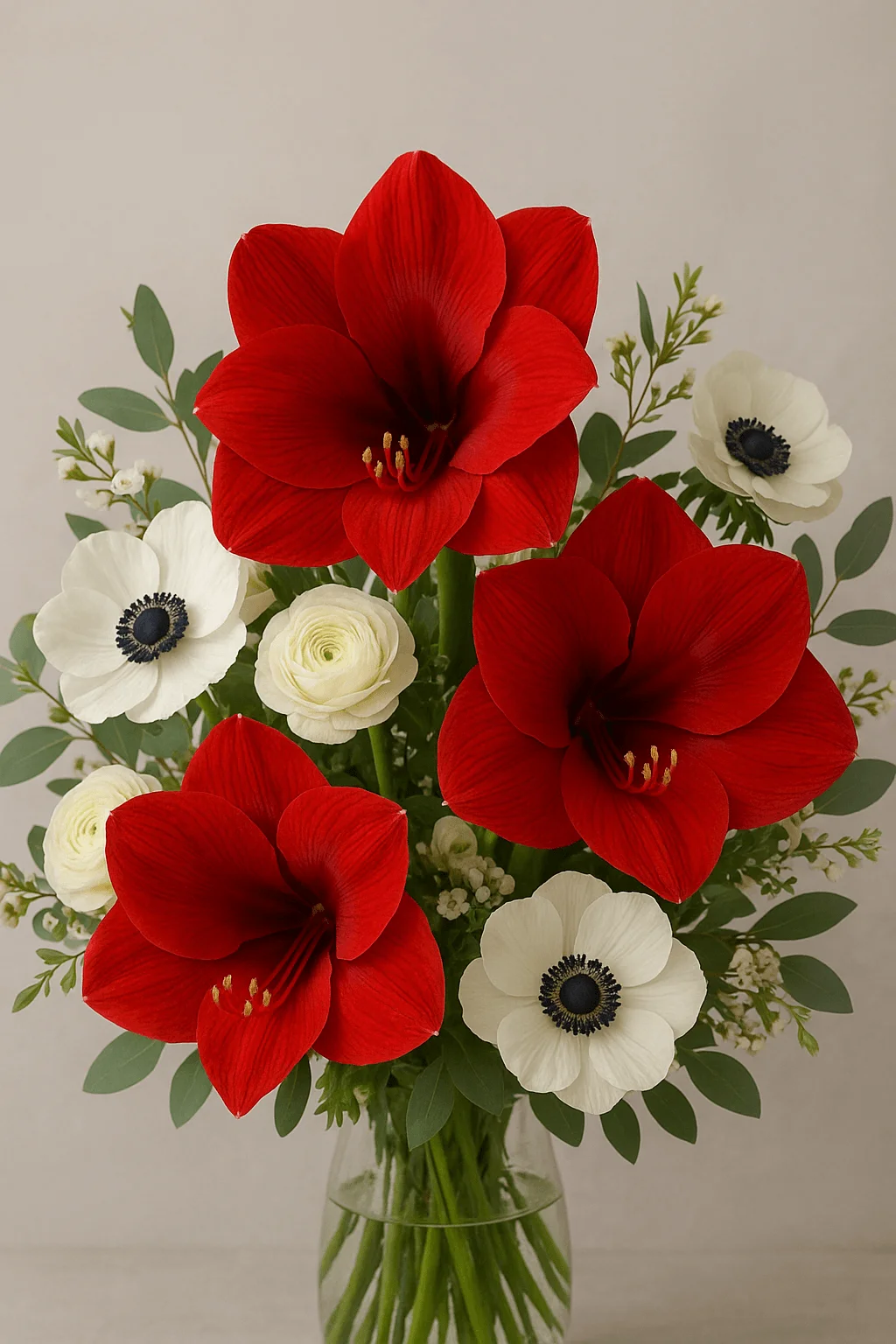 Luxury winter floral bouquet with bold red amaryllis white anemones and ranunculus arranged with fresh greenery in a clear glass vase on a neutral background