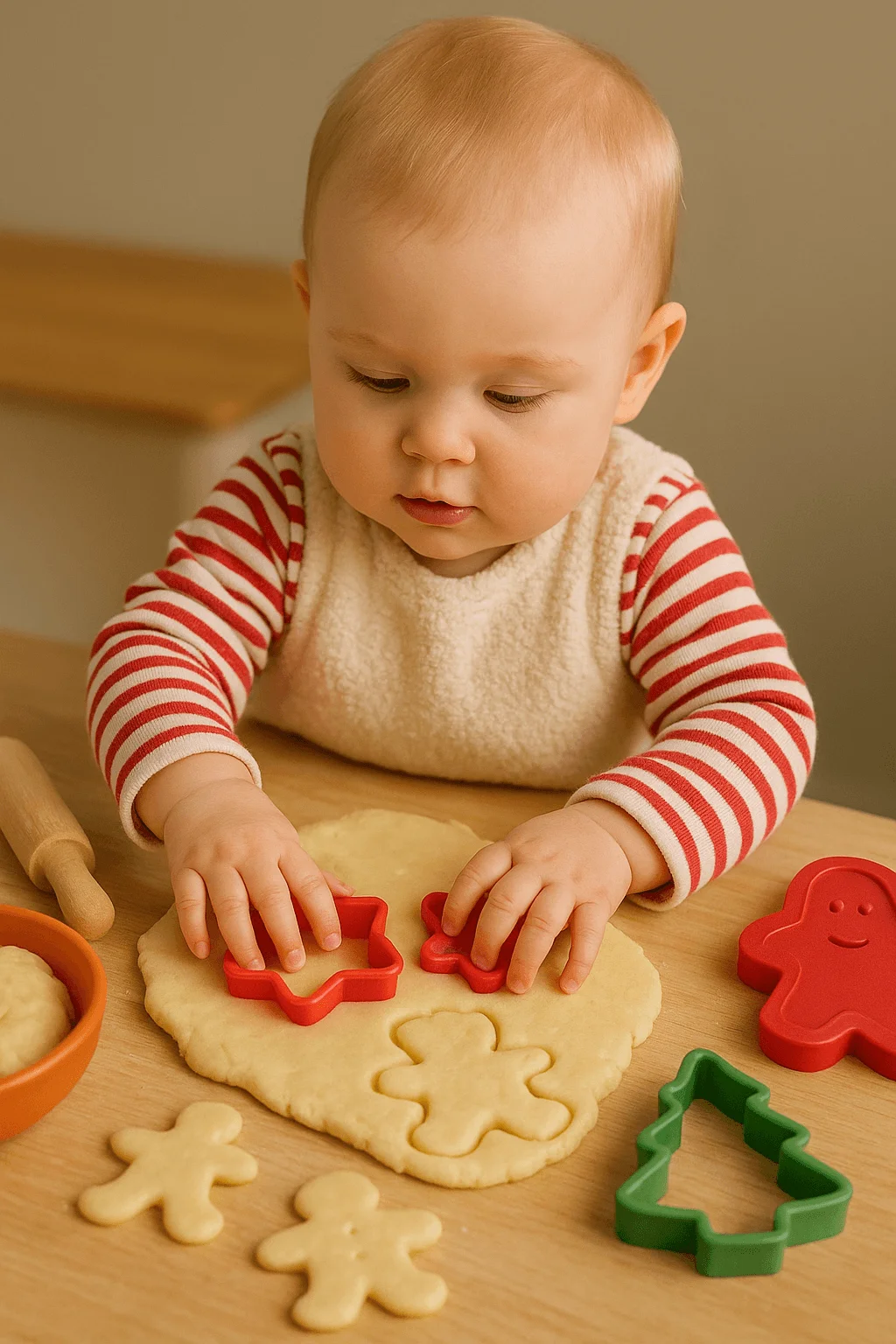 baby using cookie cutters to make holiday shapes in soft dough during festive baking play