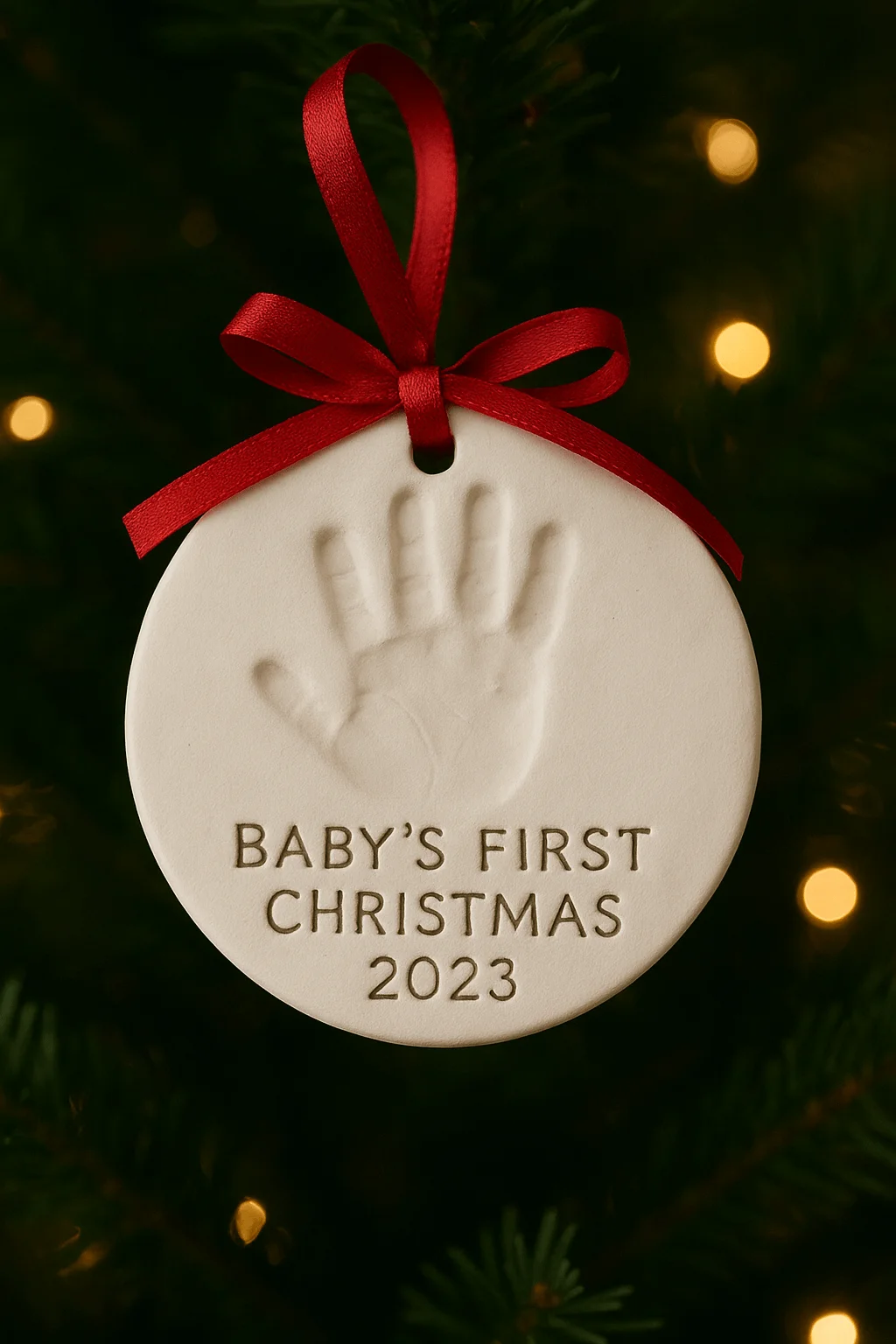 babys first christmas ornament with handprint impression and red ribbon hanging on a decorated tree