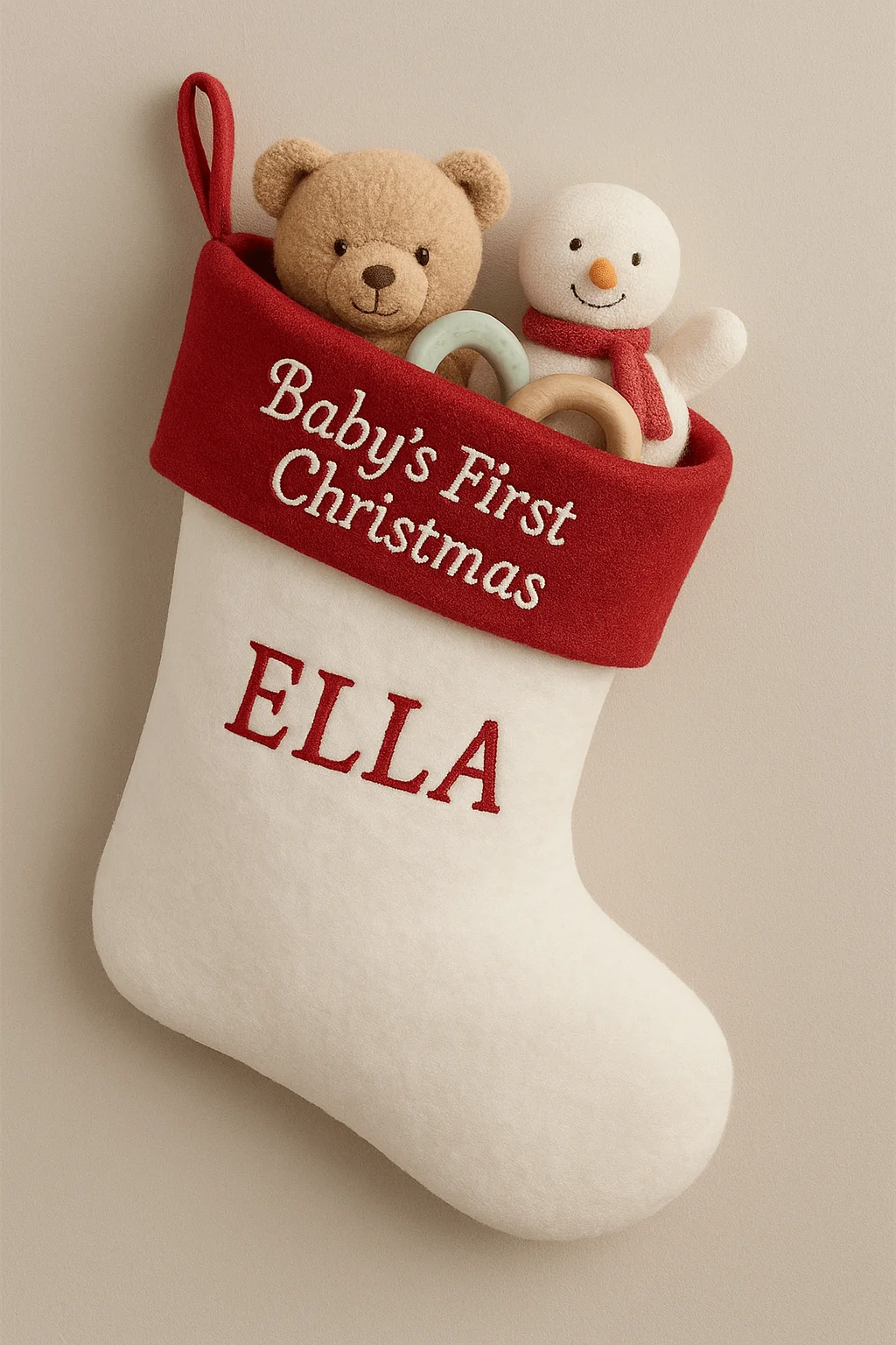 baby’s first christmas stocking with plush bear and snowman toys and personalized name ella