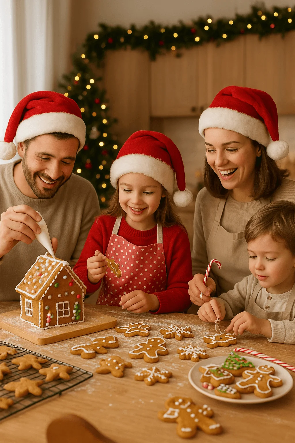 family decorating gingerbread house and christmas cookies while wearing santa hats