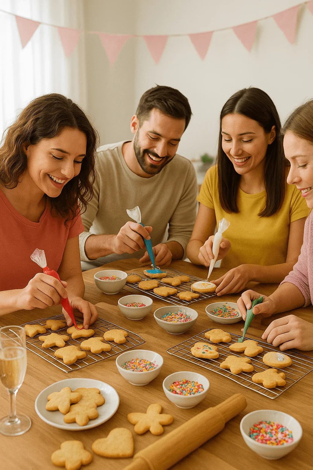 A group of adults sit around a table happily decorating cookies with colorful icing and sprinkles. Various shaped cookies rest on cooling racks, surrounded by small bowls of toppings. A rolling pin and a glass of sparkling beverage sit nearby, and pastel bunting decorates the background, creating a cheerful, festive atmosphere.