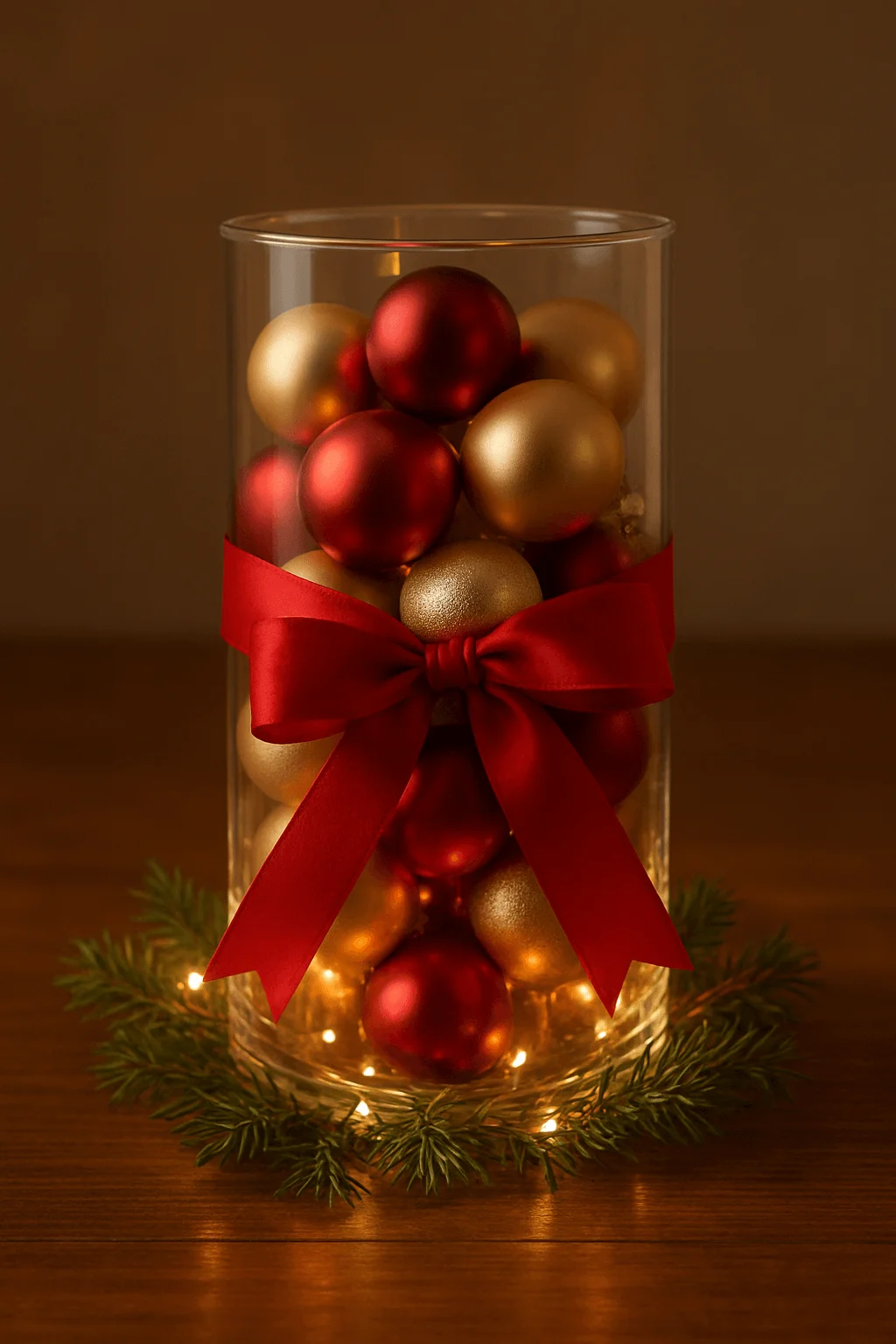 Hurricane vase filled with red and gold ornaments wrapped with a red bow and surrounded by evergreen sprigs and lights