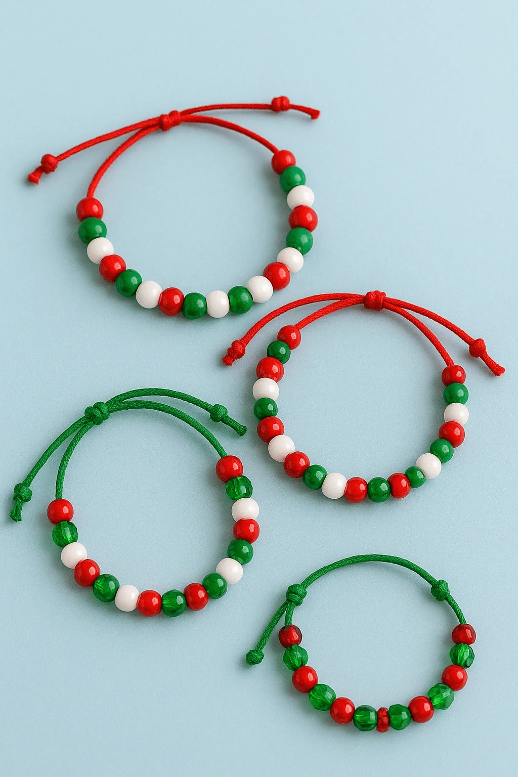 Christmas beaded friendship bracelets made with red, green, and white beads on adjustable cords displayed on a light blue background.