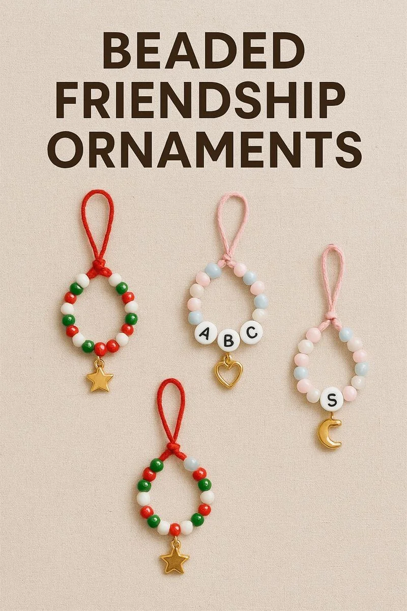 beaded friendship ornaments made with colorful round beads letter beads and gold charms shaped like stars hearts and a crescent moon hanging from red and pink yarn loops