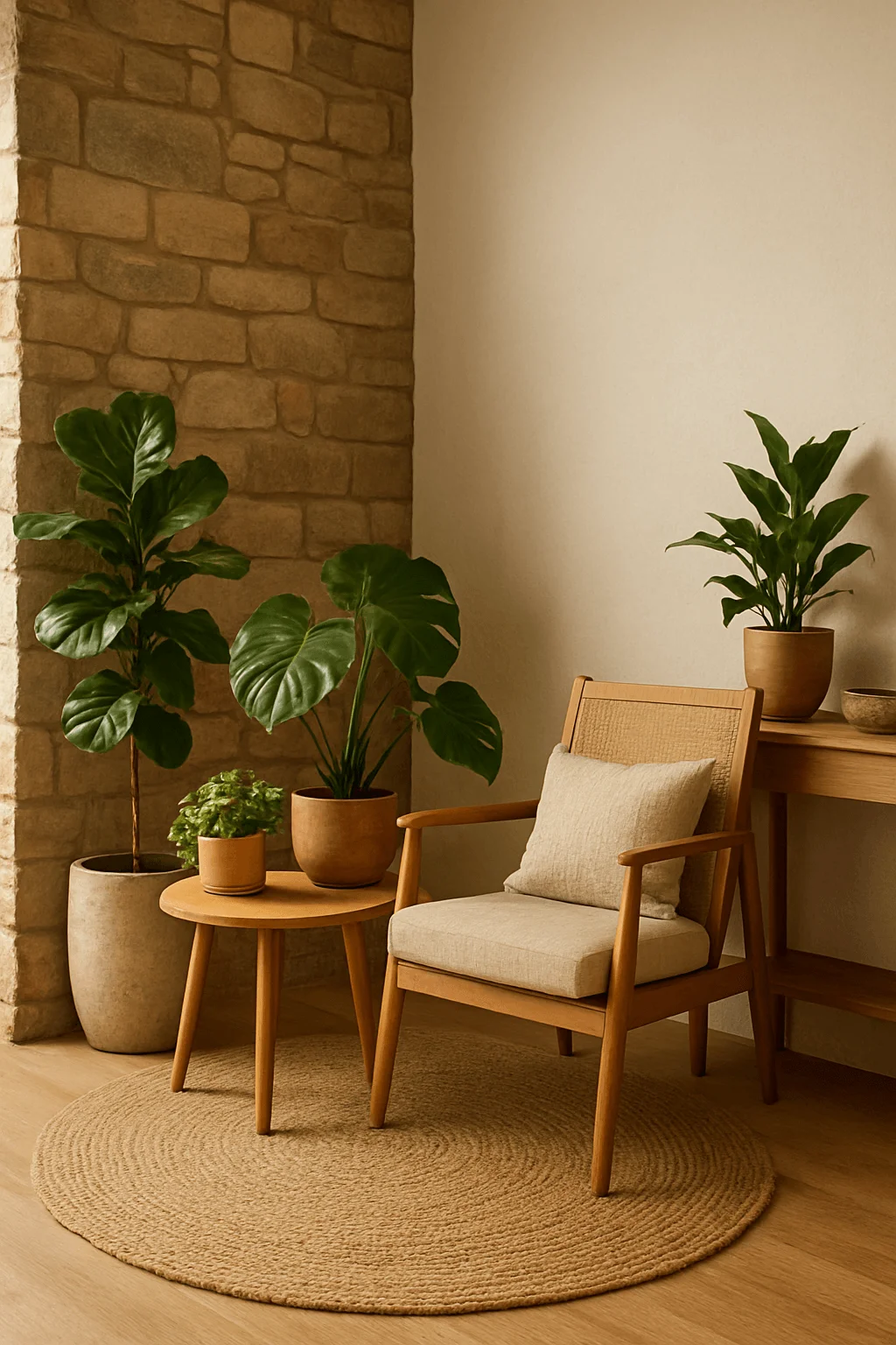 biophilic living room corner with indoor plants wooden chair woven rug and natural textures creating a calm winter sanctuary