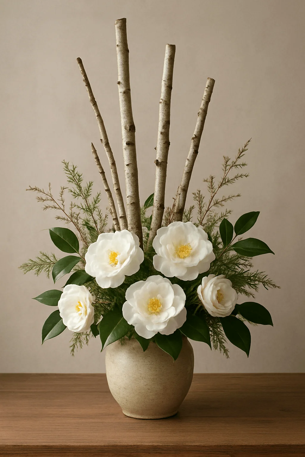 Birchwood and camellia winter arrangement featuring natural birch branches paired with creamy white camellia blooms and soft greenery in a neutral ceramic vase on a warm minimalist background