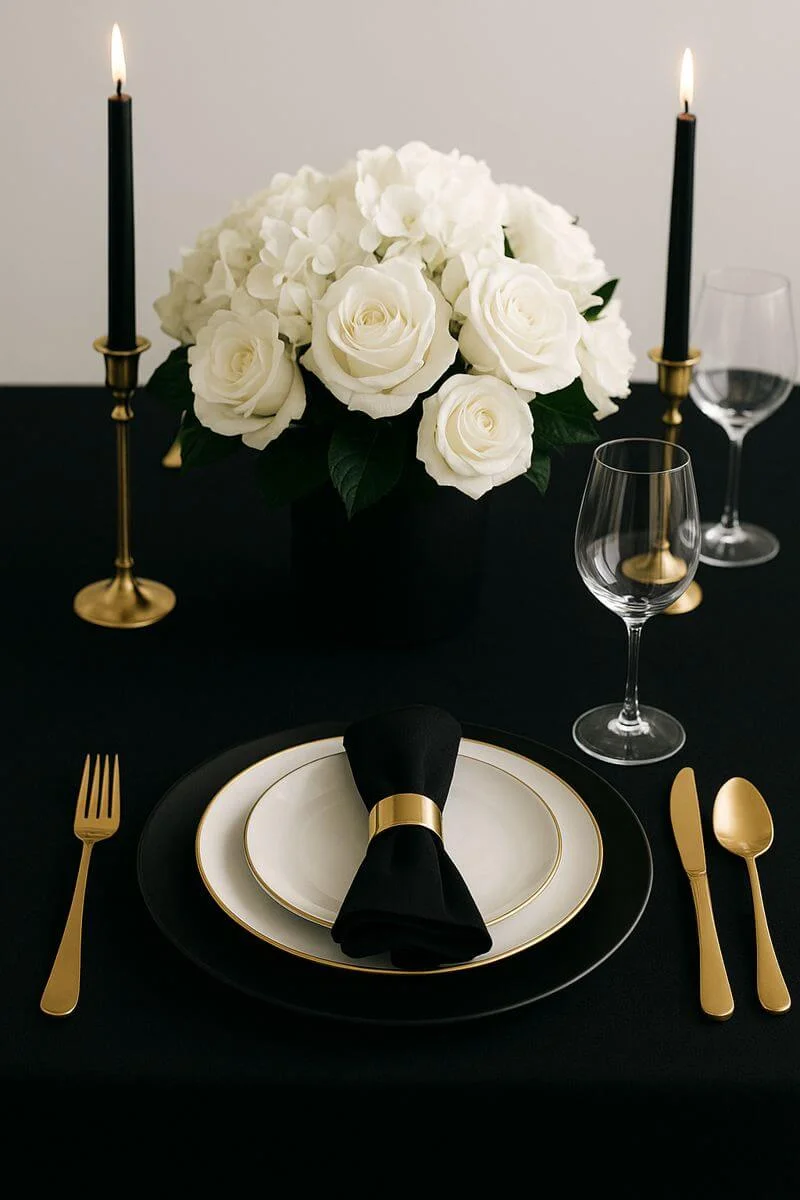 Elegant black white and gold tablescape with white rose centerpiece black candles gold flatware and black napkin with gold ring