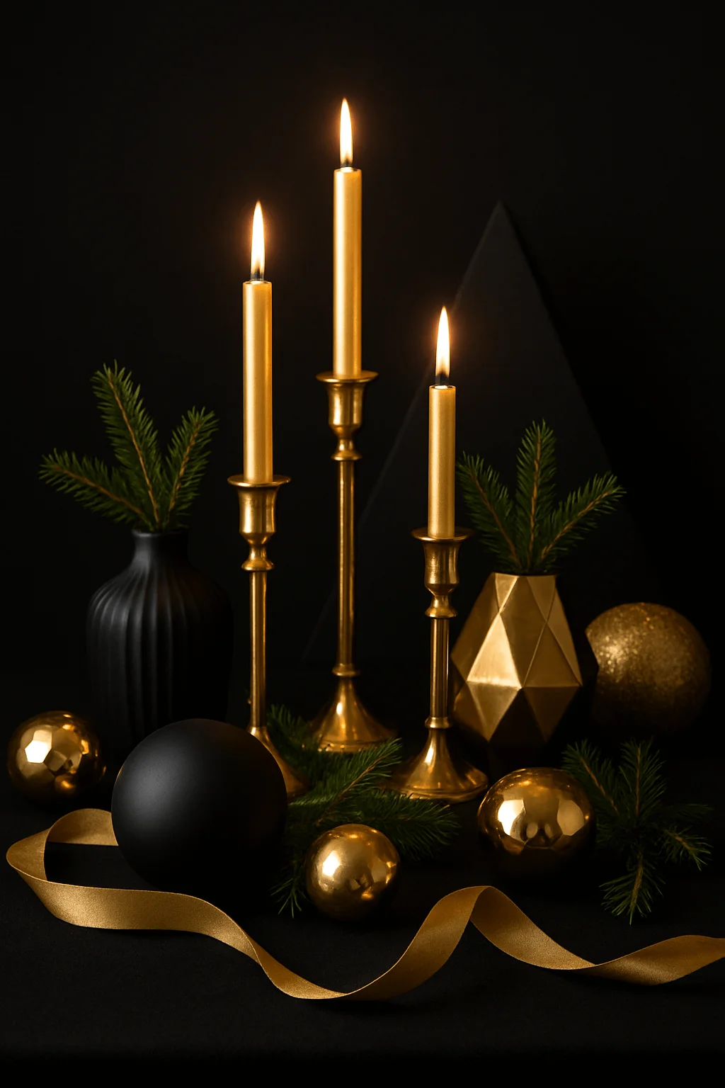 Black and gold Christmas centerpiece with gold taper candles ornaments evergreen sprigs and modern decor