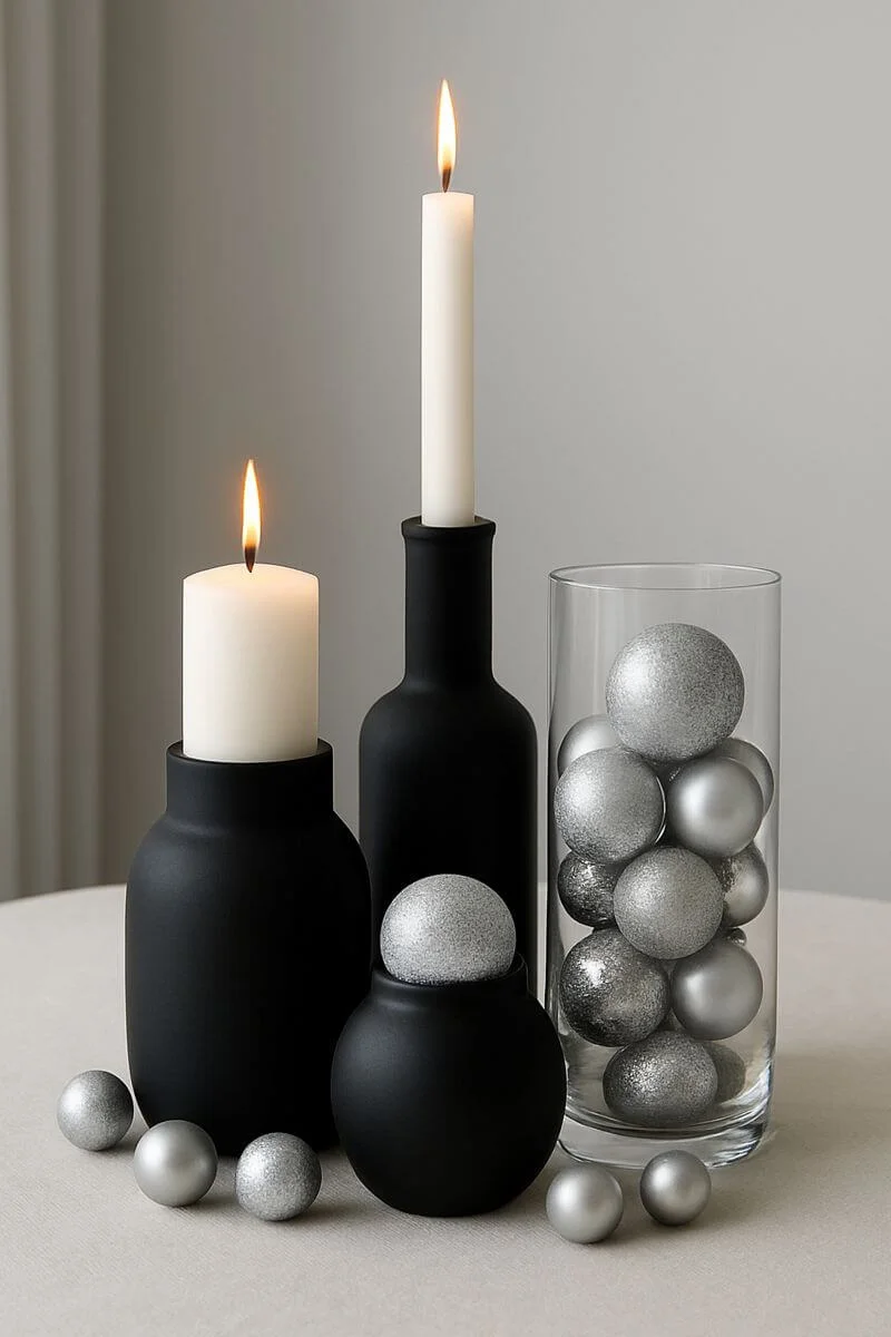 Modern Christmas centerpiece with matte black candle holders white candles and silver ornaments in a clear glass vase