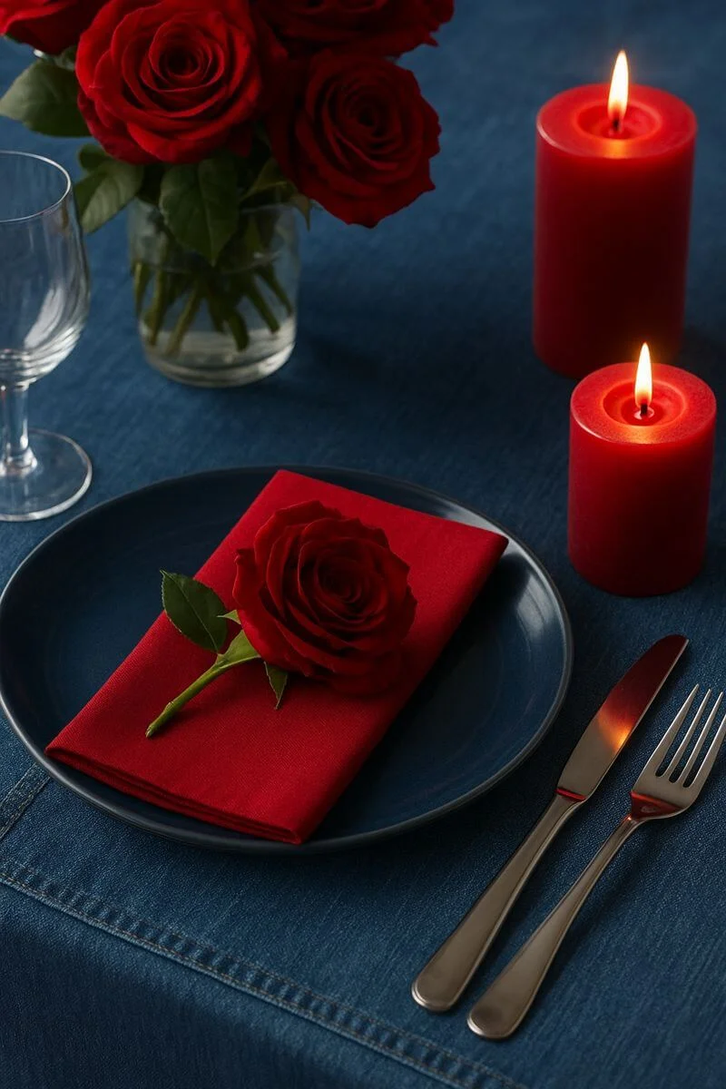 Romantic red rose and candle table setting on a dark denim tablecloth