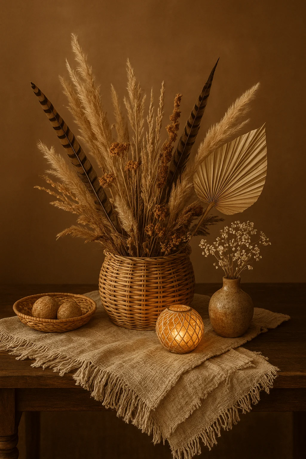 Boho layered texture centerpiece with pampas grass dried florals woven baskets ceramic vase and warm candle on rustic table