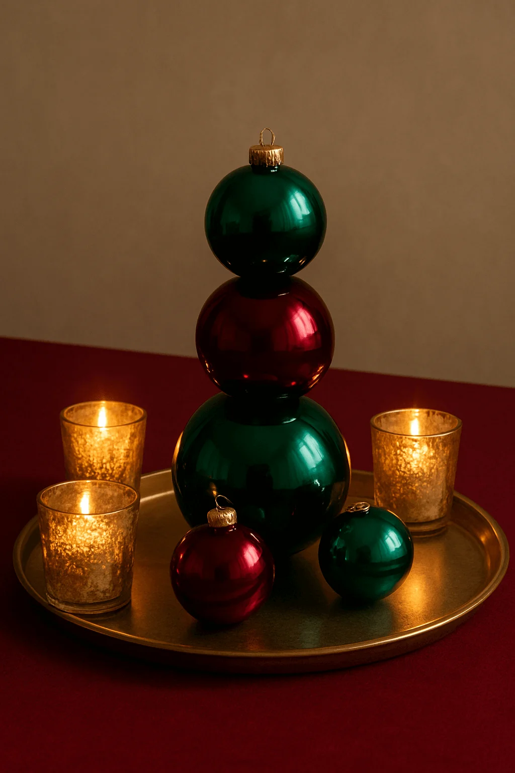 festive jewel tone ornament stack centerpiece with glowing votive candles