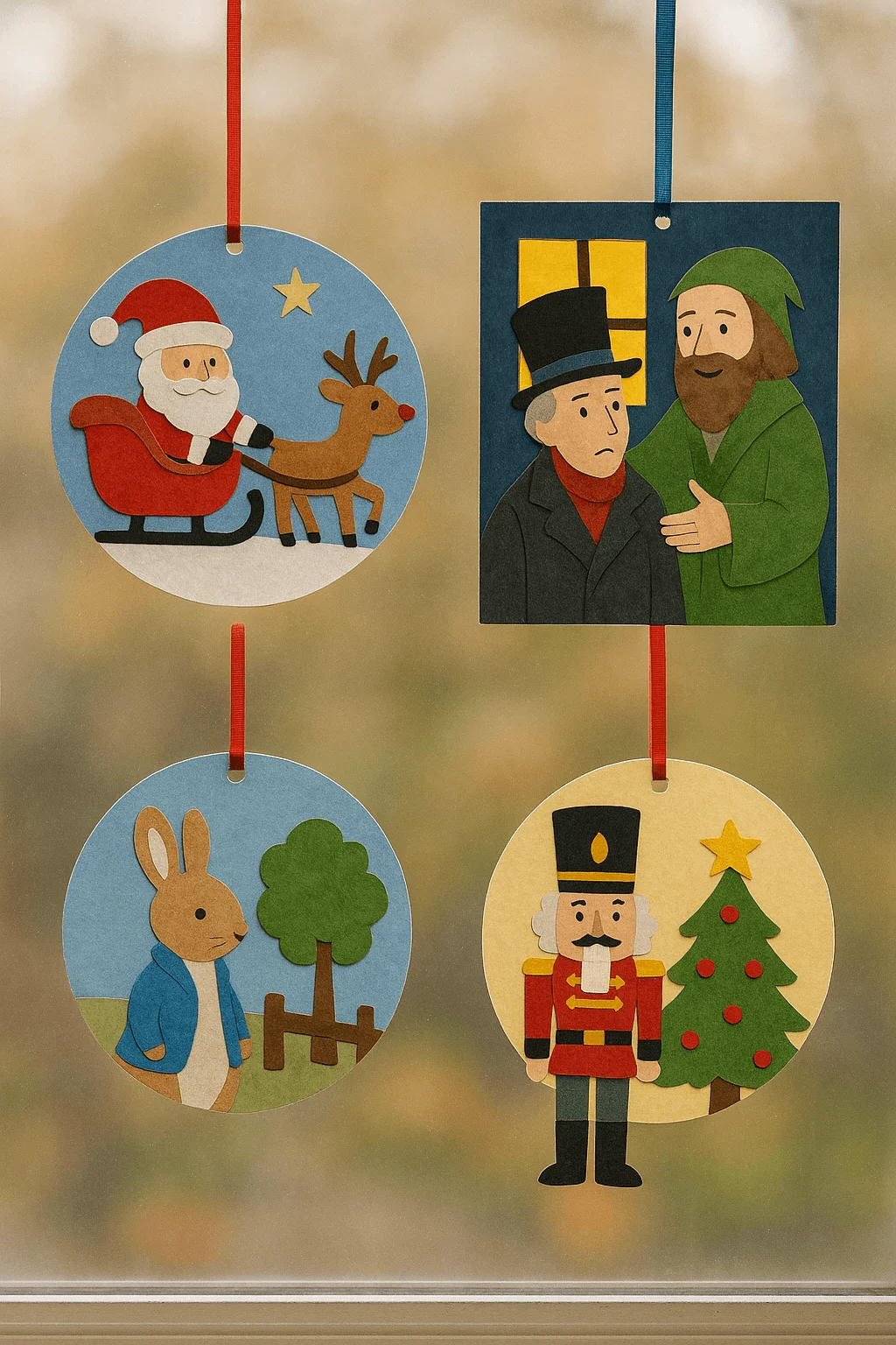 book and story inspired christmas ornaments featuring santa and reindeer classic tale characters a rabbit in a blue jacket and a nutcracker by a christmas tree