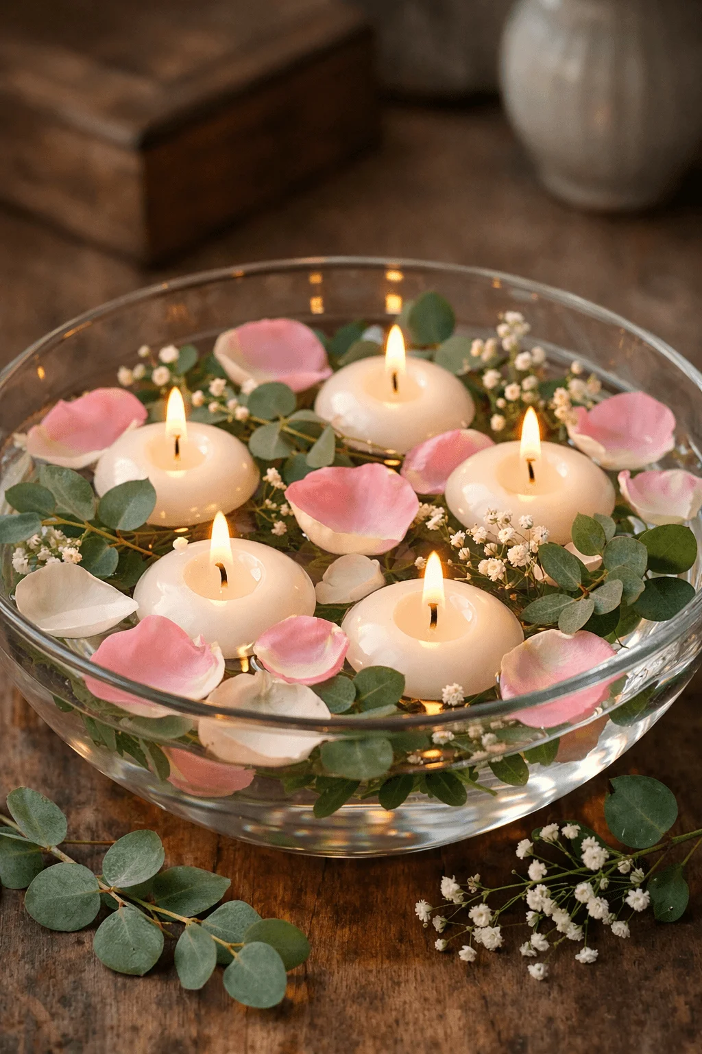 botanical floating candle bowl with rose petals eucalyptus greenery and soft candlelight for romantic valentines day table decor