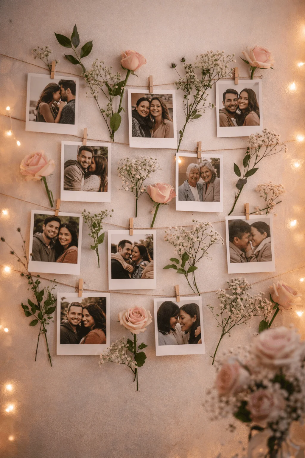 botanical photo wall with string lights clipped couple photos fresh roses and greenery creating romantic memory display
