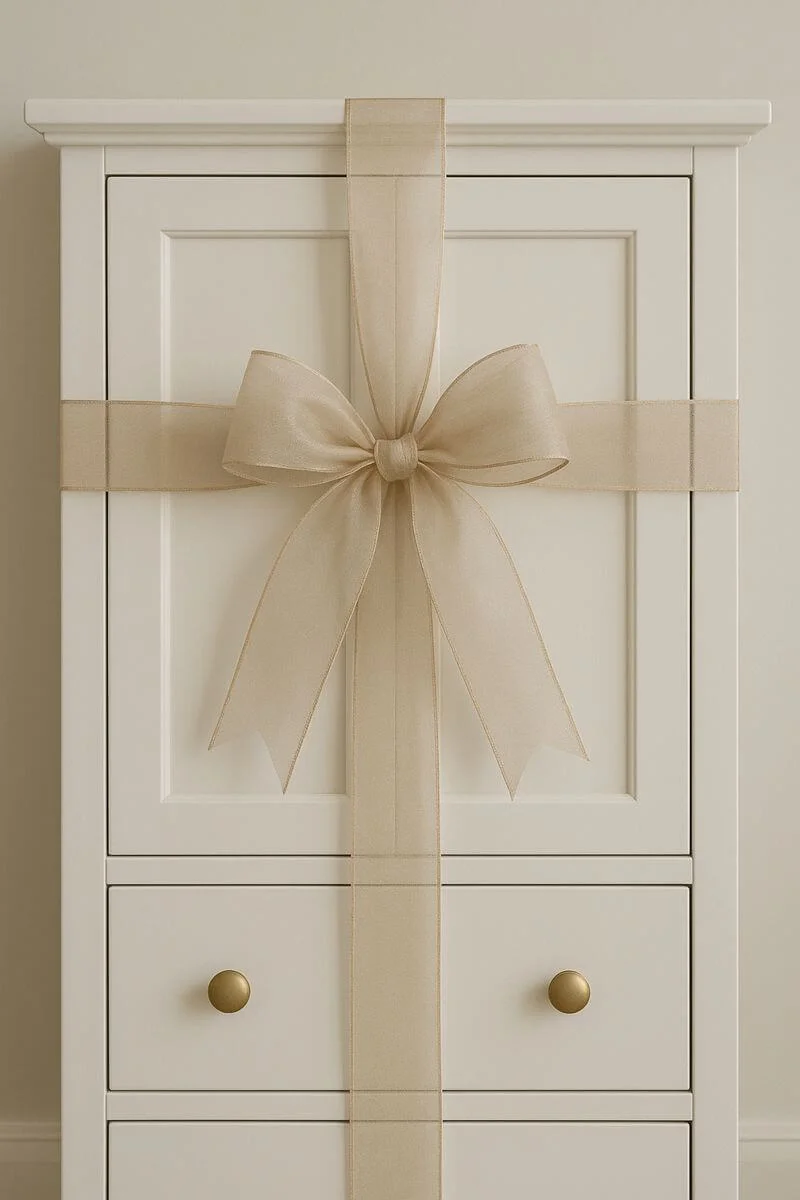 elegant beige organza ribbon tied in a large bow wrapping a white cabinet for decorative gift inspired home styling