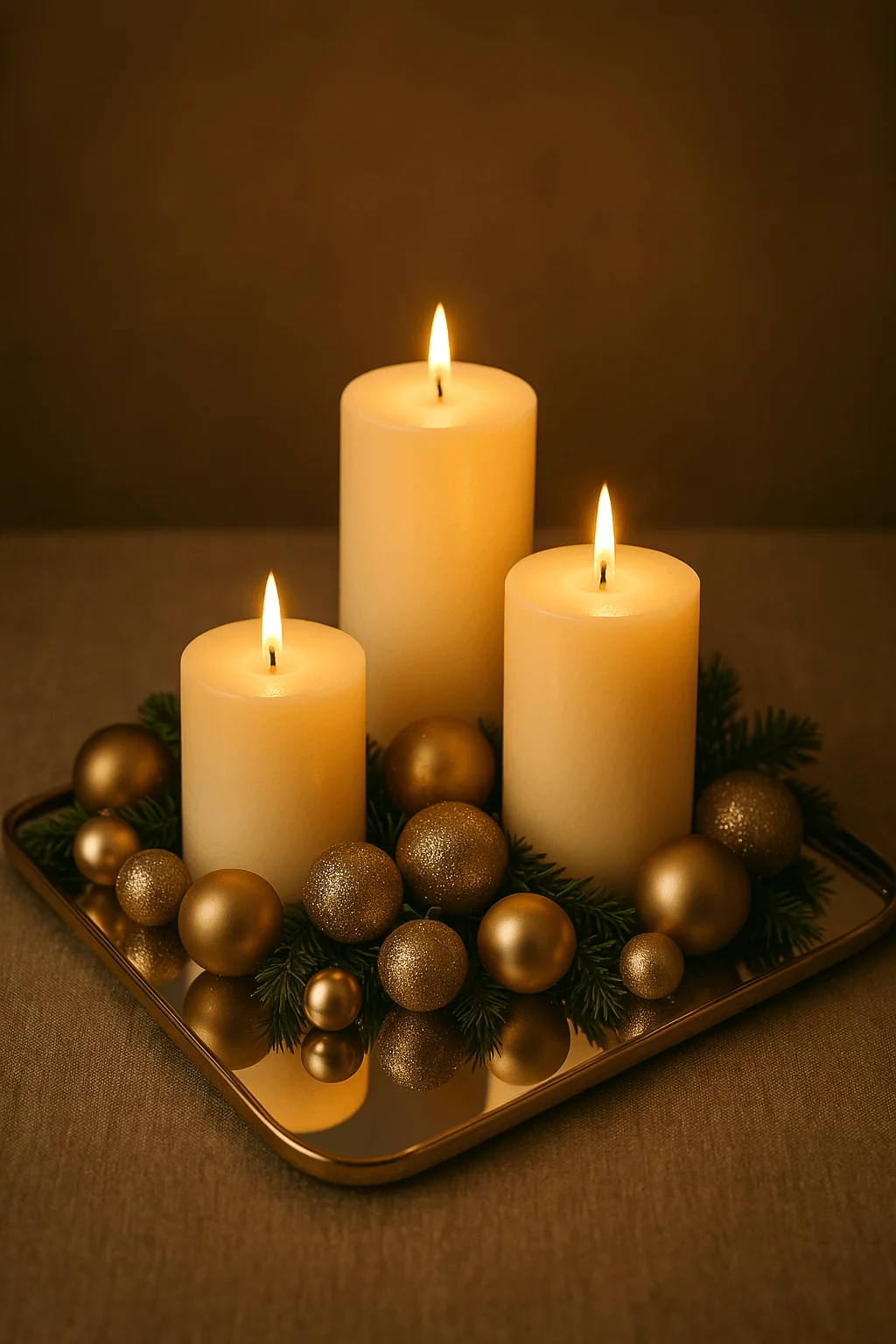 Candle cluster centerpiece with three glowing pillar candles gold ornaments and evergreen sprigs on a mirrored tray