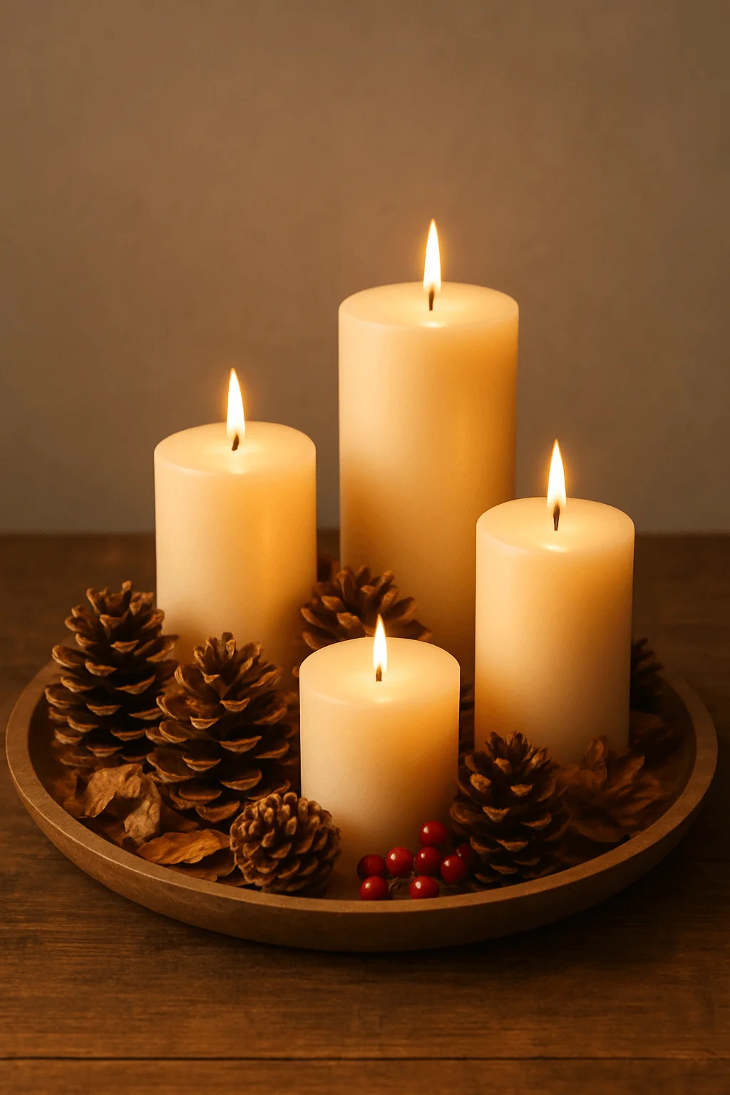 candle cluster centerpiece with white pillar candles pinecones red berries and dried leaves arranged on a wooden tray for cozy winter decor