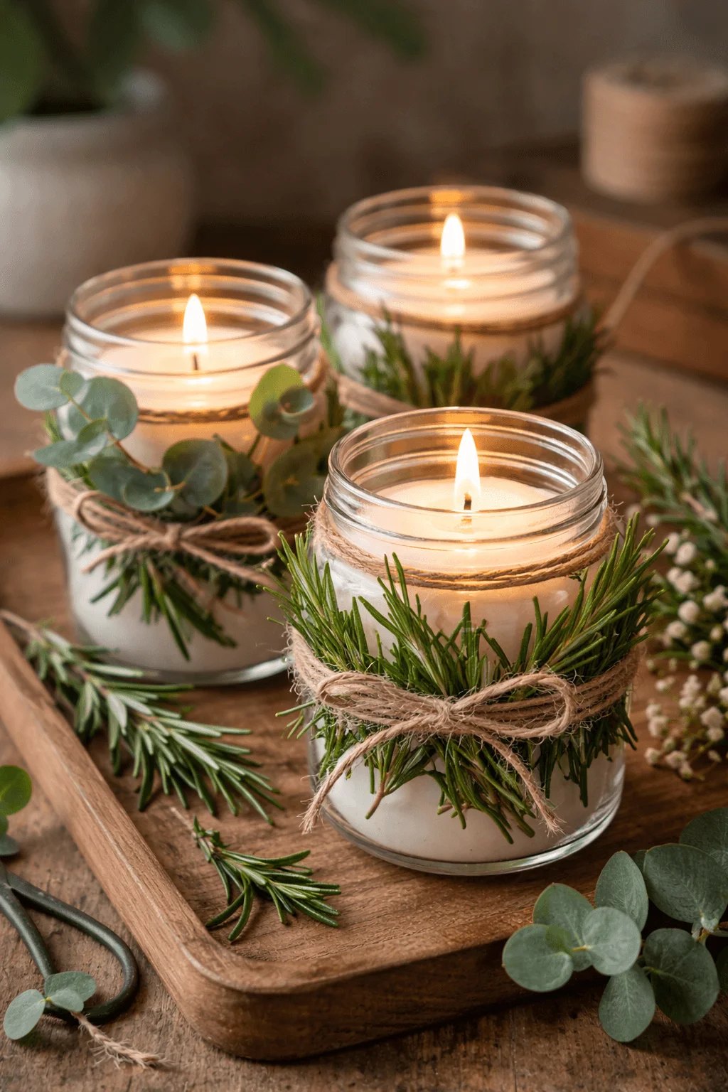 candle jars with herb sprigs wrapped in twine featuring rosemary eucalyptus and warm glowing candles for natural rustic home decor