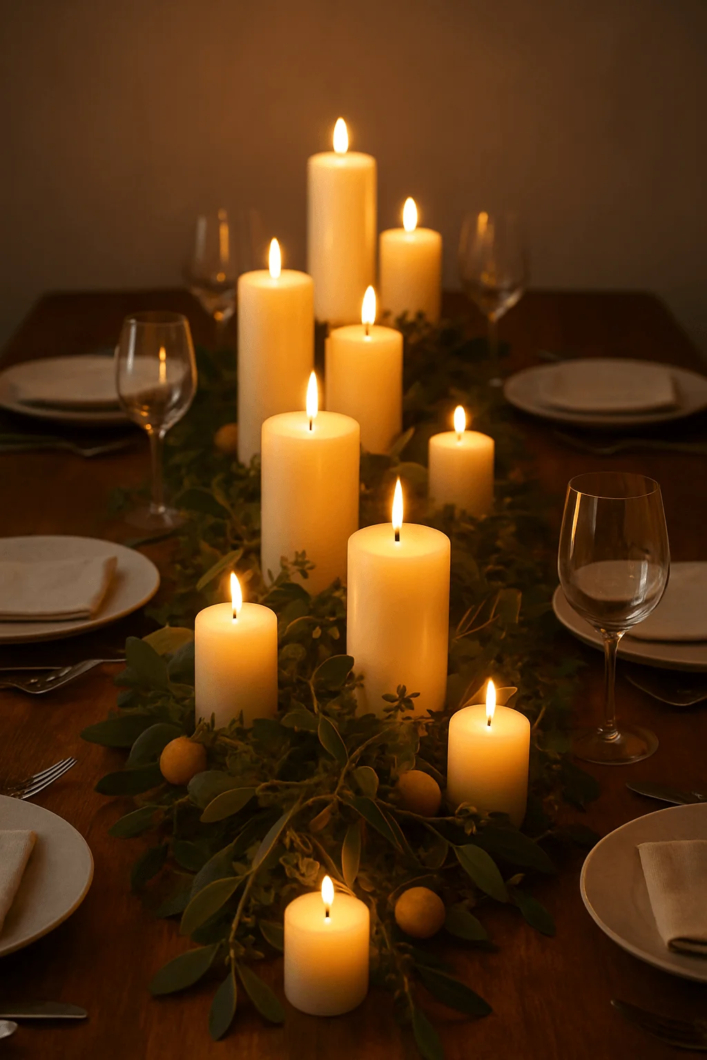 Elegant candle runner centerpiece with pillar candles and lush greenery on a Christmas dining table