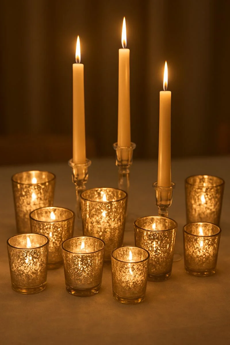 Elegant candle centerpiece with tall taper candles and glowing mercury glass votives creating warm ambient lighting