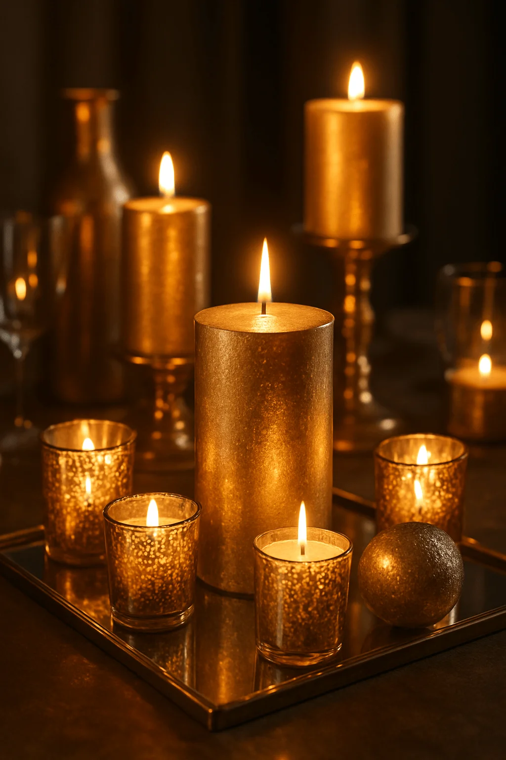 Golden Christmas candle centerpiece with glowing pillar candles votives and metallic decor on a reflective tray