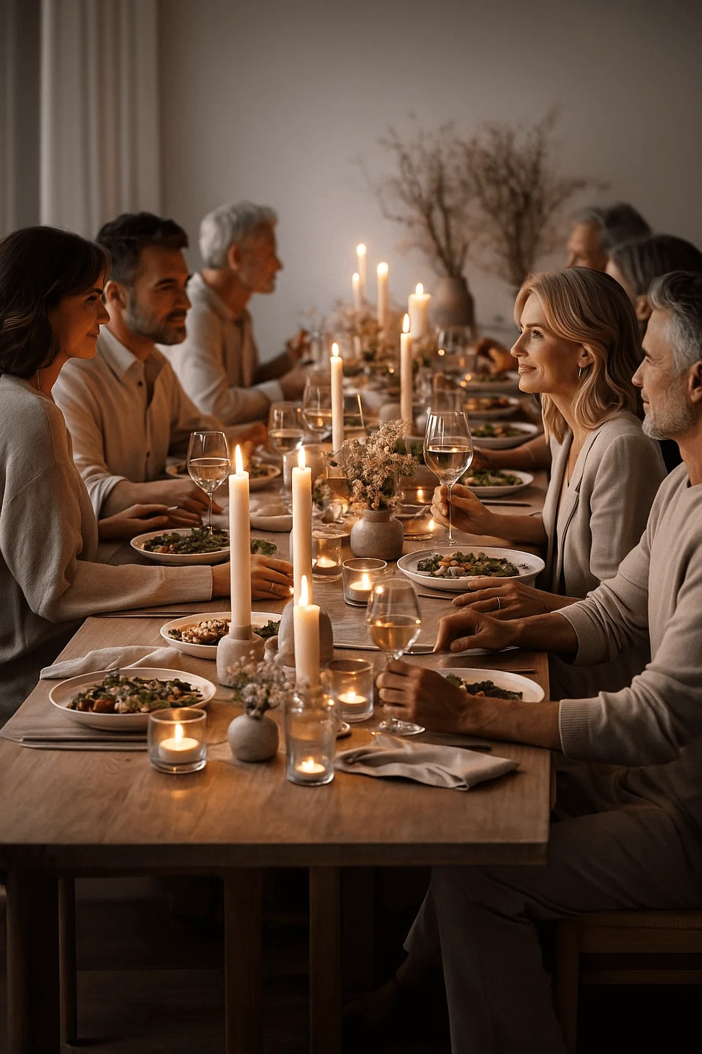 Warm candlelit dinner party with a long wooden table, elegant white candles, soft neutral décor, and a group of adults enjoying wine and plated meals in a cozy, intimate setting.