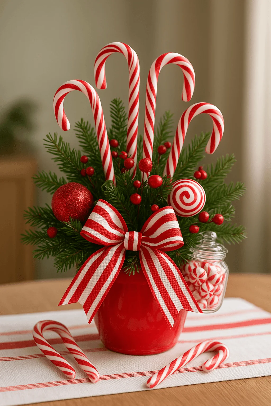 Candy cane themed Christmas table centerpiece with red and white striped candies evergreen branches and a festive ribbon bow