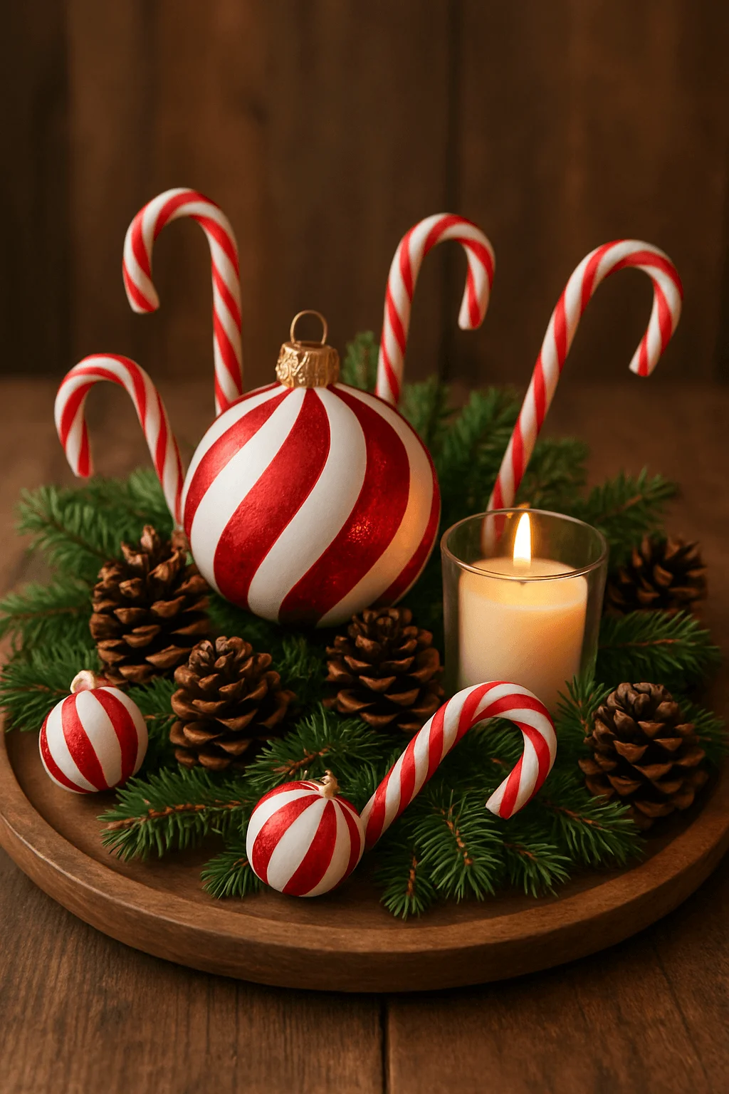 Candy cane Christmas centerpiece with red and white ornaments pinecones evergreen sprigs and a lit candle