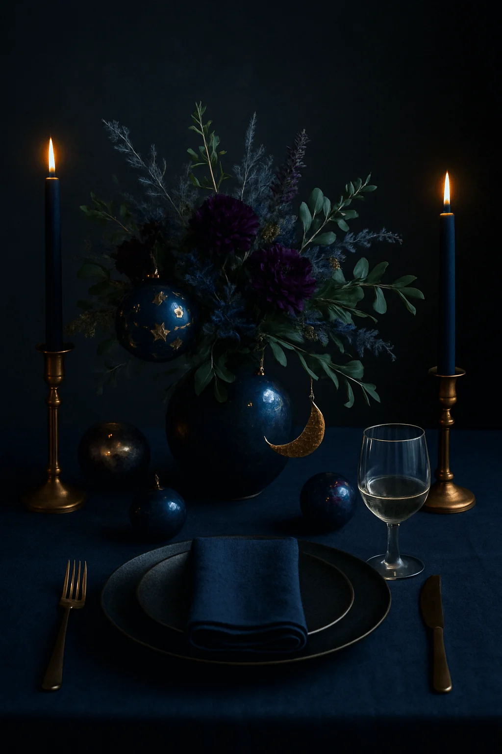 Moody celestial holiday tablescape with dark blue ornaments gold accents floral arrangement and candlelit ambiance