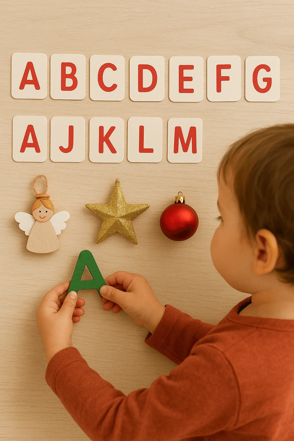 A toddler participates in a Christmas-themed alphabet activity, holding a green letter A while holiday ornaments—a small angel, a gold star, and a red bauble—lie on the table beside letter cards arranged in rows.