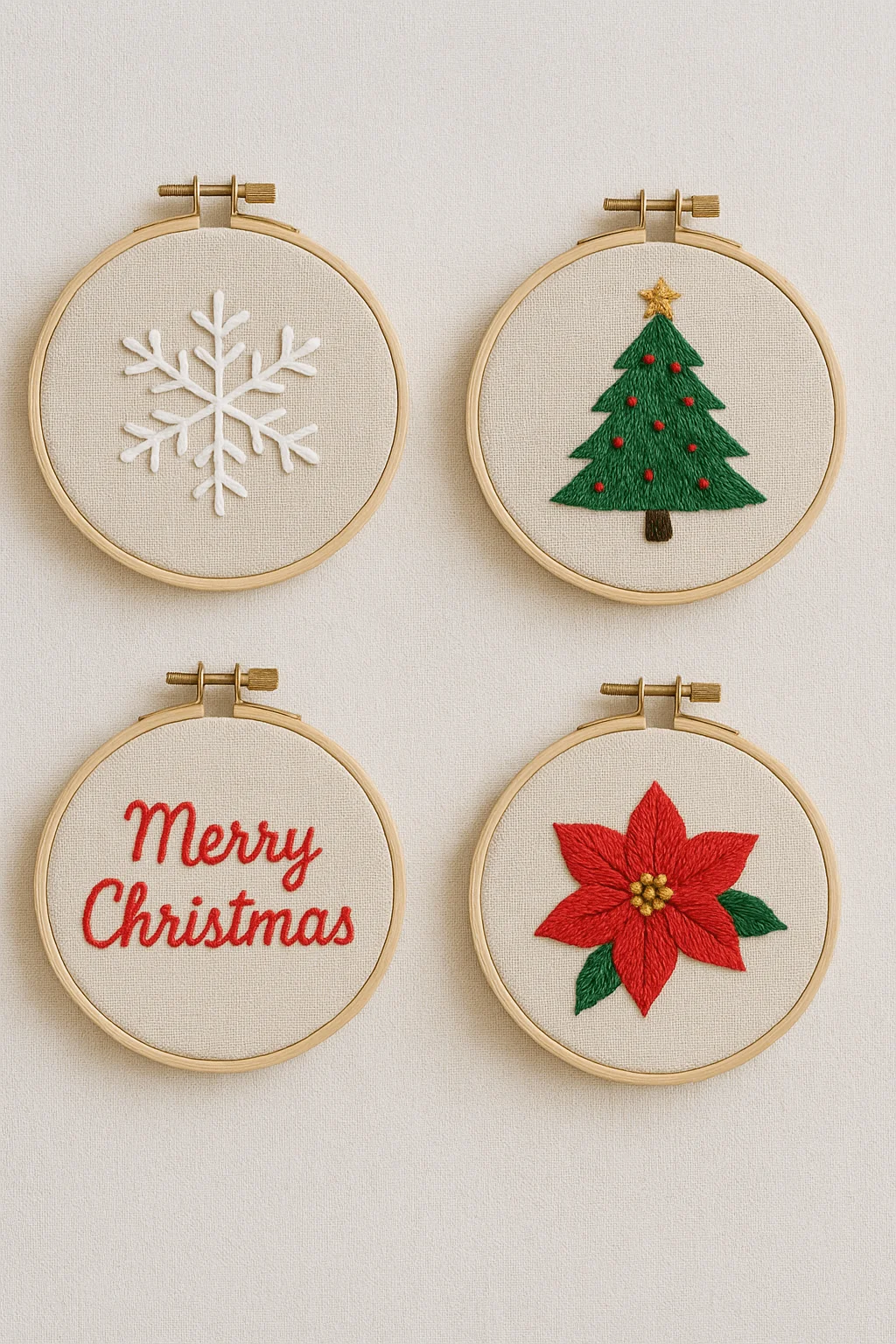 christmas embroidery hoops with stitched designs including a white snowflake green christmas tree red merry christmas text and red poinsettia on beige fabric